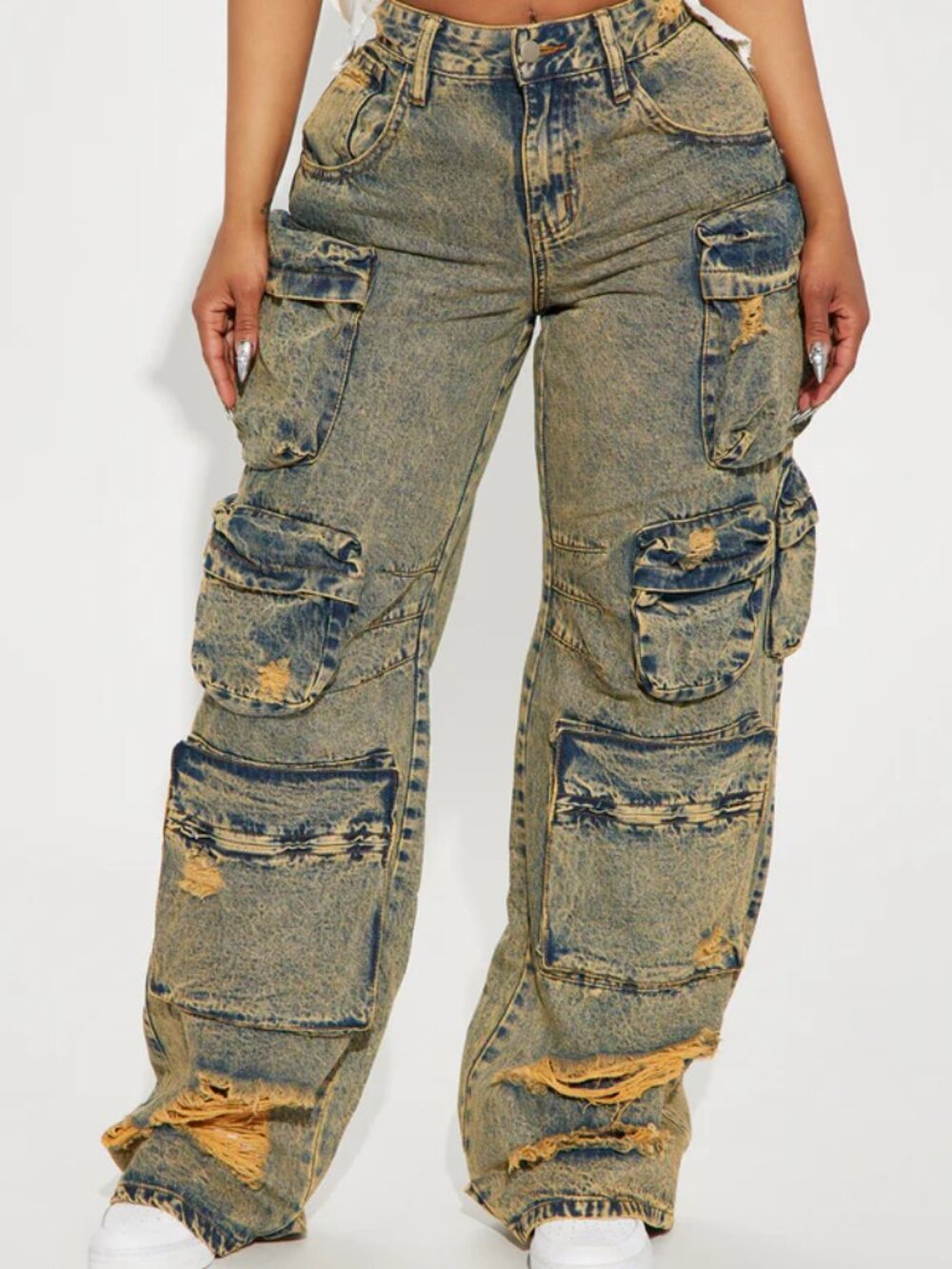 Nikki Non Stretch Acid Wash Cargo Jeans - Vintage Wash